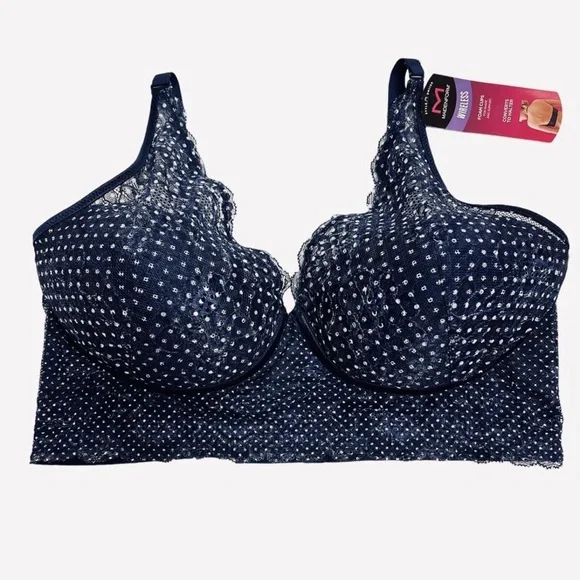 Maidenform Pure Comfort Bralette Wireless Lace Long Blue/Dots White Bra Size 34D - Picture 5 of 9